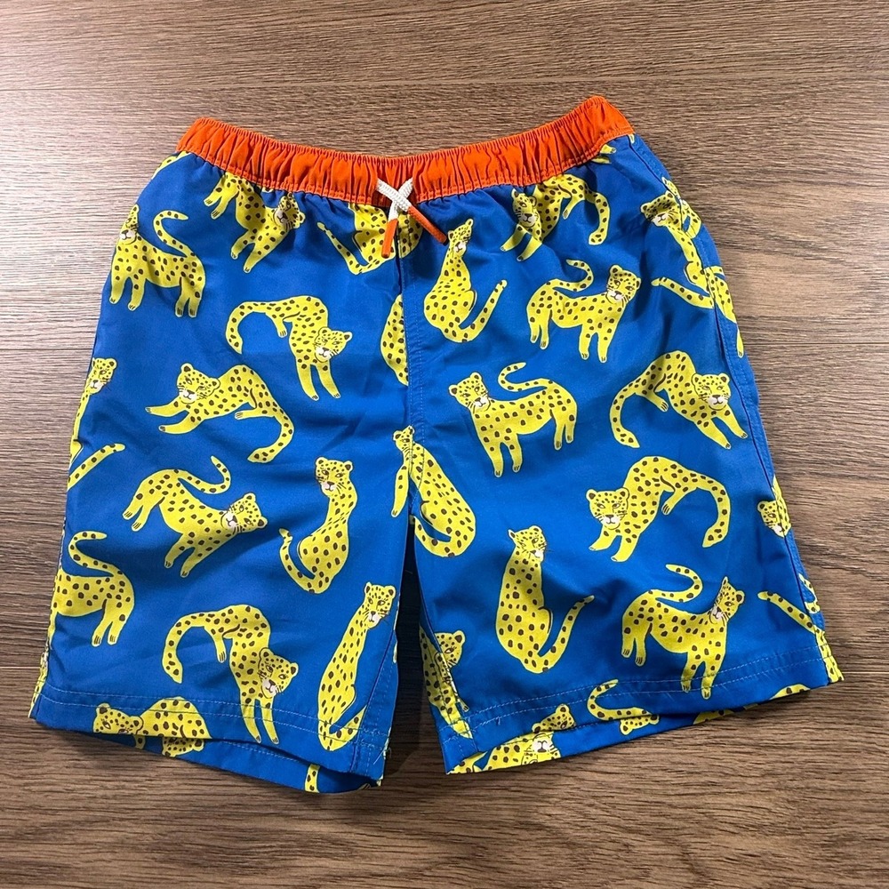 Mini Boden Boys Blue Leopard Print Swim Trunks Shorts Size 9-10Y Mesh Liner